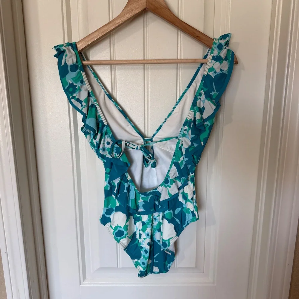 Michael Kors One Piece Swimsuit Womens 6 Teal Floral Ruffle V-Neck Excellent